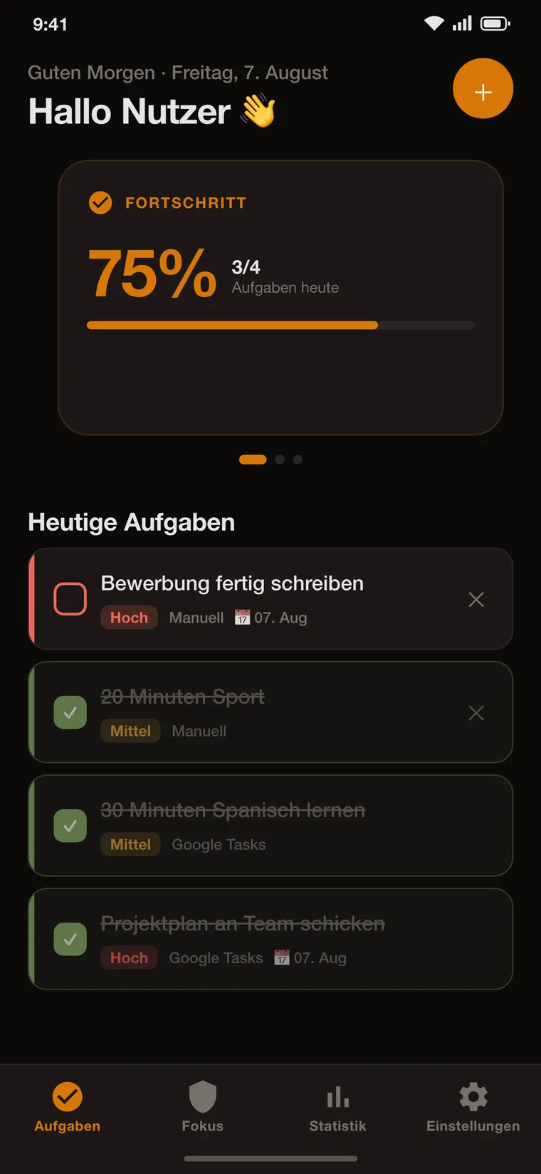 FokusGate-Startbildschirm mit der Aufgabenliste für heute und 75 Prozent Fortschritt