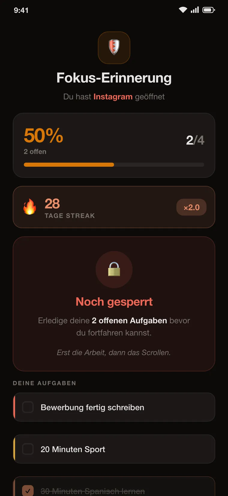 Fokusbildschirm von FokusGate: Instagram bleibt gesperrt, bis zwei offene Aufgaben erledigt sind
